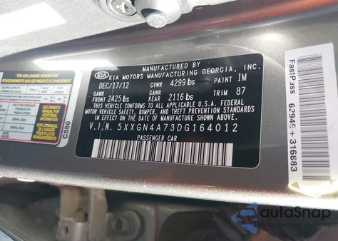 2013 Kia Optima Ex z USA, uszkodzony, nr VIN 5XXGN4A73DG164012